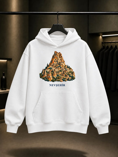Nevşehir Uçhisar Kalesi baskılı beyaz kapüşonlu sweatshirt