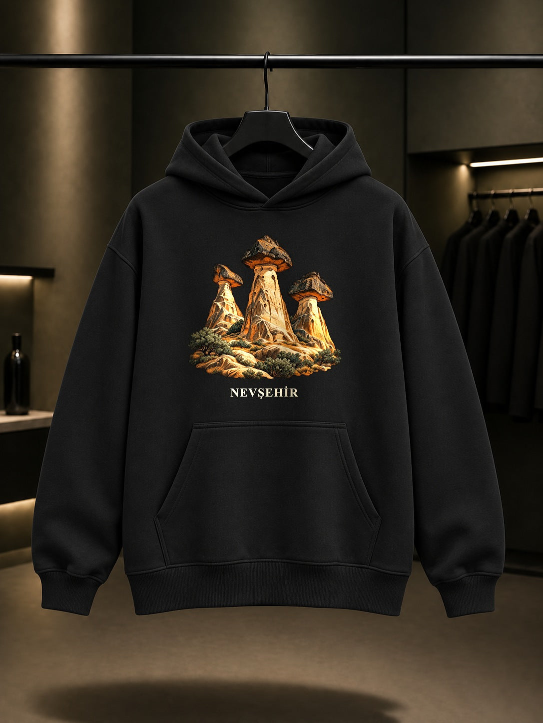 Nevşehir Peri Bacaları baskılı siyah kapüşonlu sweatshirt