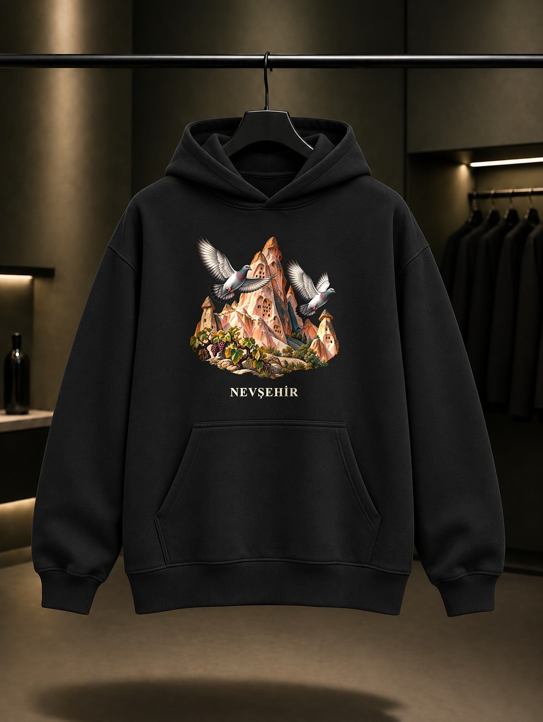 Nevşehir Güvercinlik Vadisi baskılı siyah kapüşonlu sweatshirt