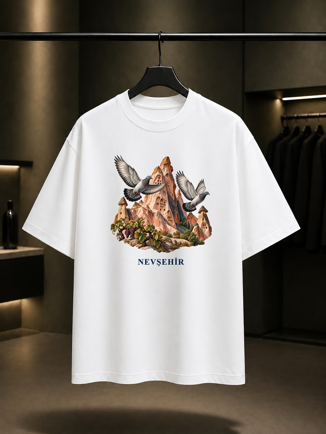 Nevşehir Güvercinlik Vadisi baskılı beyaz t-shirt