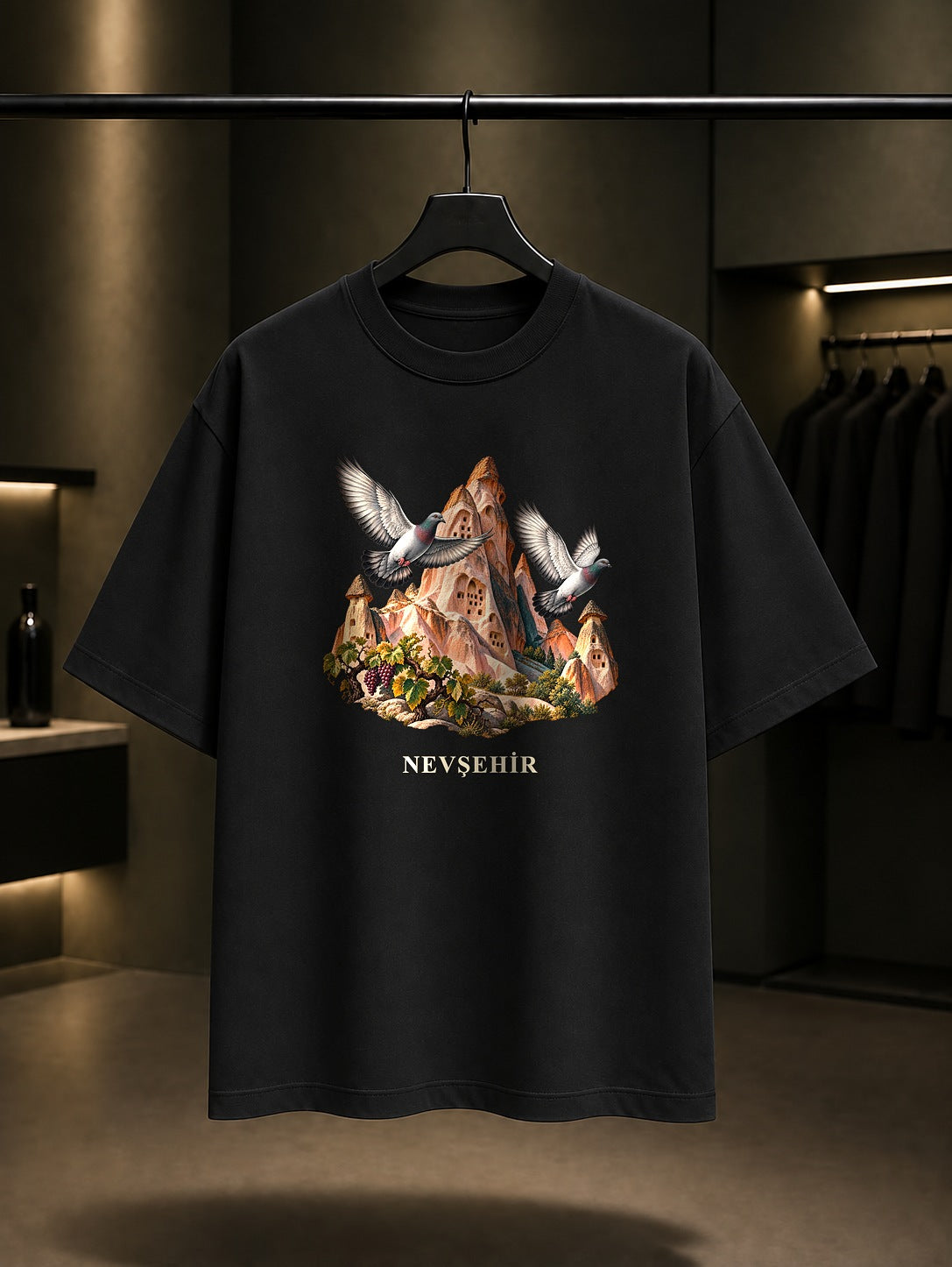 Nevşehir Güvercinlik Vadisi baskılı siyah t-shirt