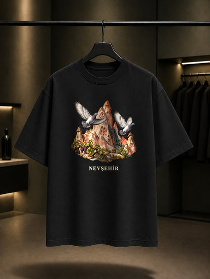 Nevşehir Güvercinlik Vadisi baskılı siyah t-shirt