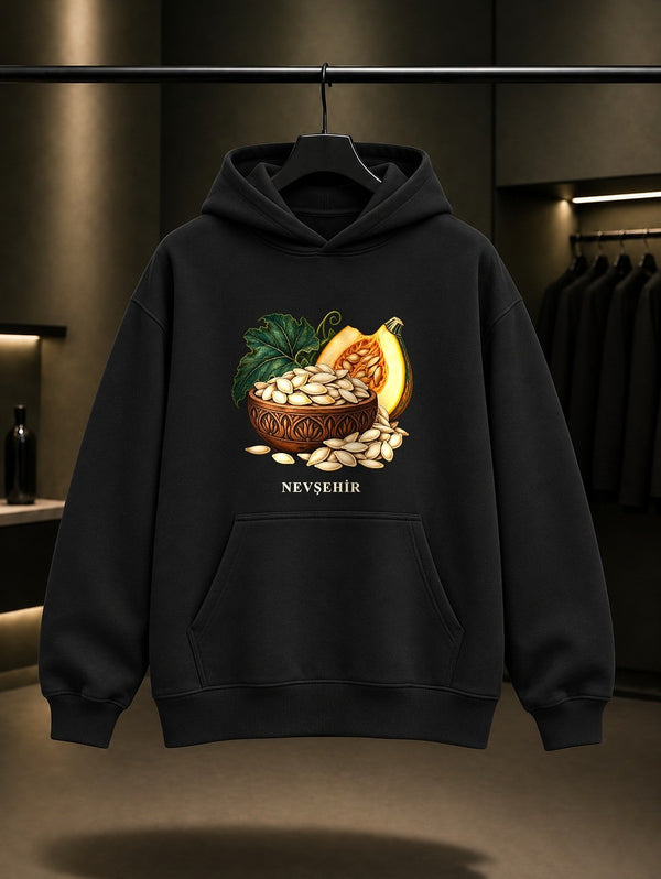 Nevşehir Kabak Çekirdeği baskılı siyah kapüşonlu sweatshirt