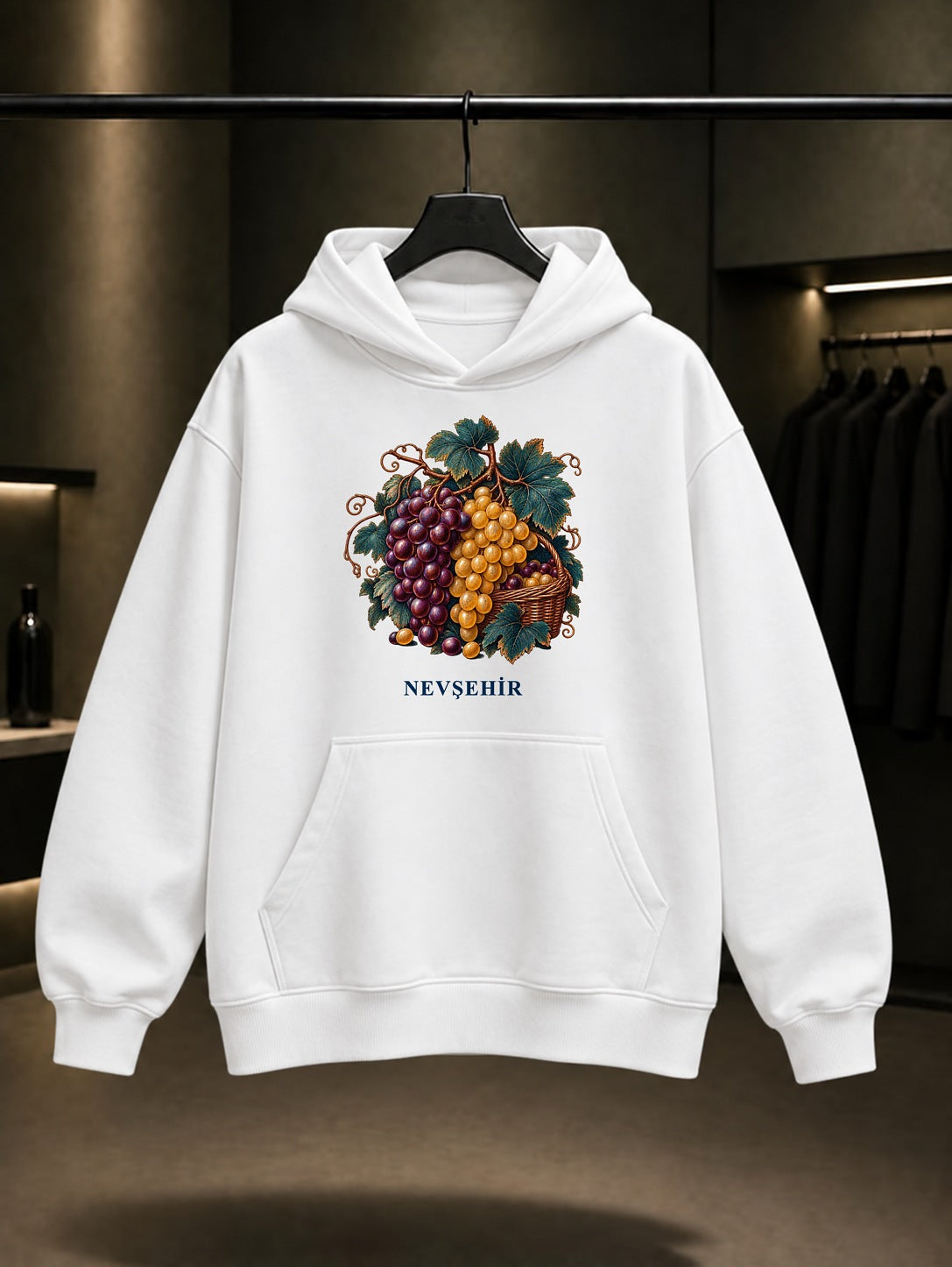 Nevşehir Üzüm Bağı baskılı beyaz kapüşonlu sweatshirt