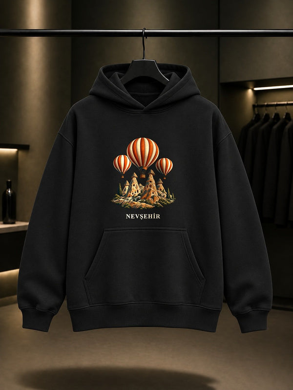 Nevşehir Kapadokya Balonları baskılı siyah kapüşonlu sweatshirt