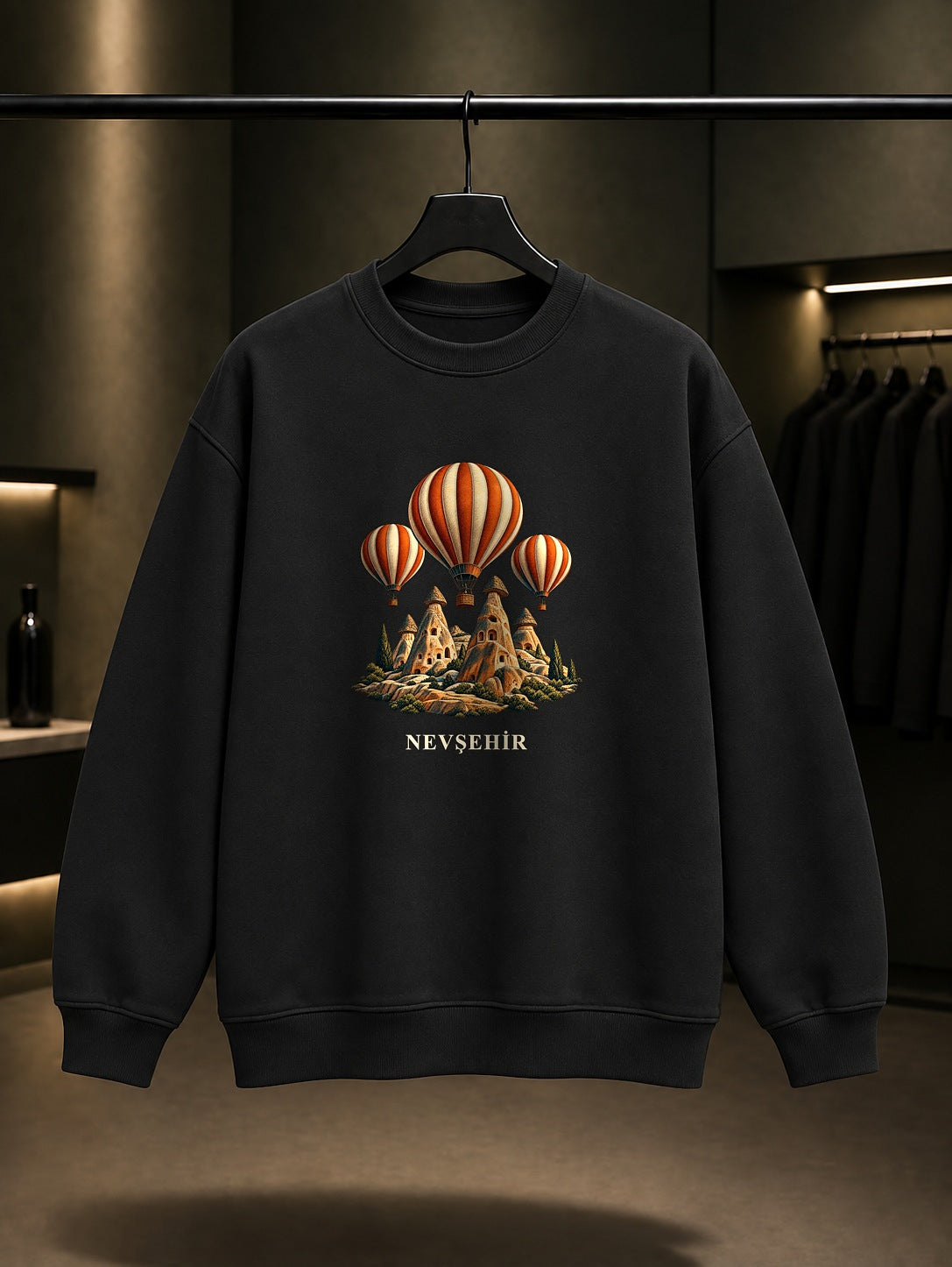 Nevşehir Kapadokya Balonları baskılı siyah sweatshirt