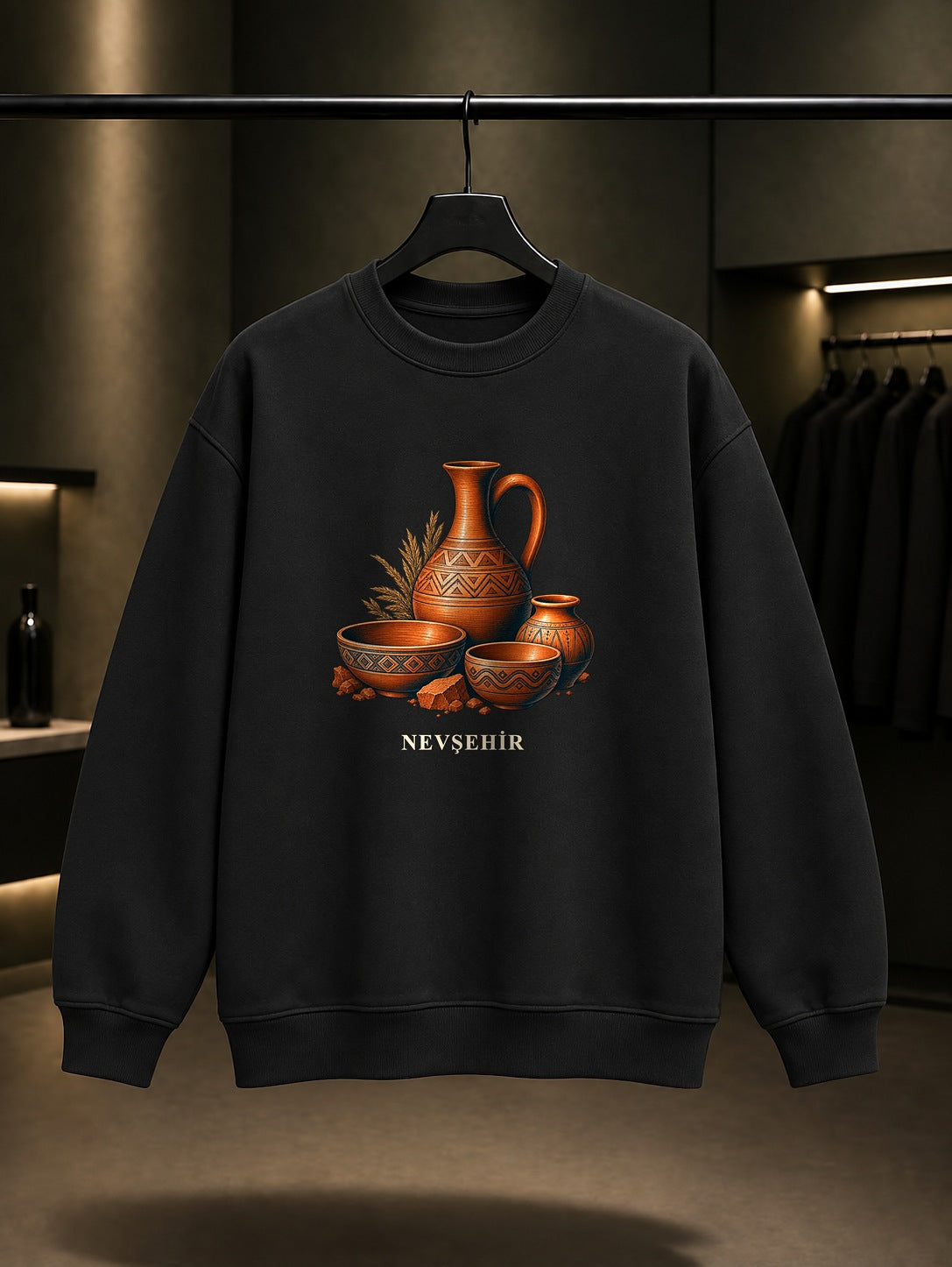 Nevşehir Avanos Çömlek baskılı siyah sweatshirt