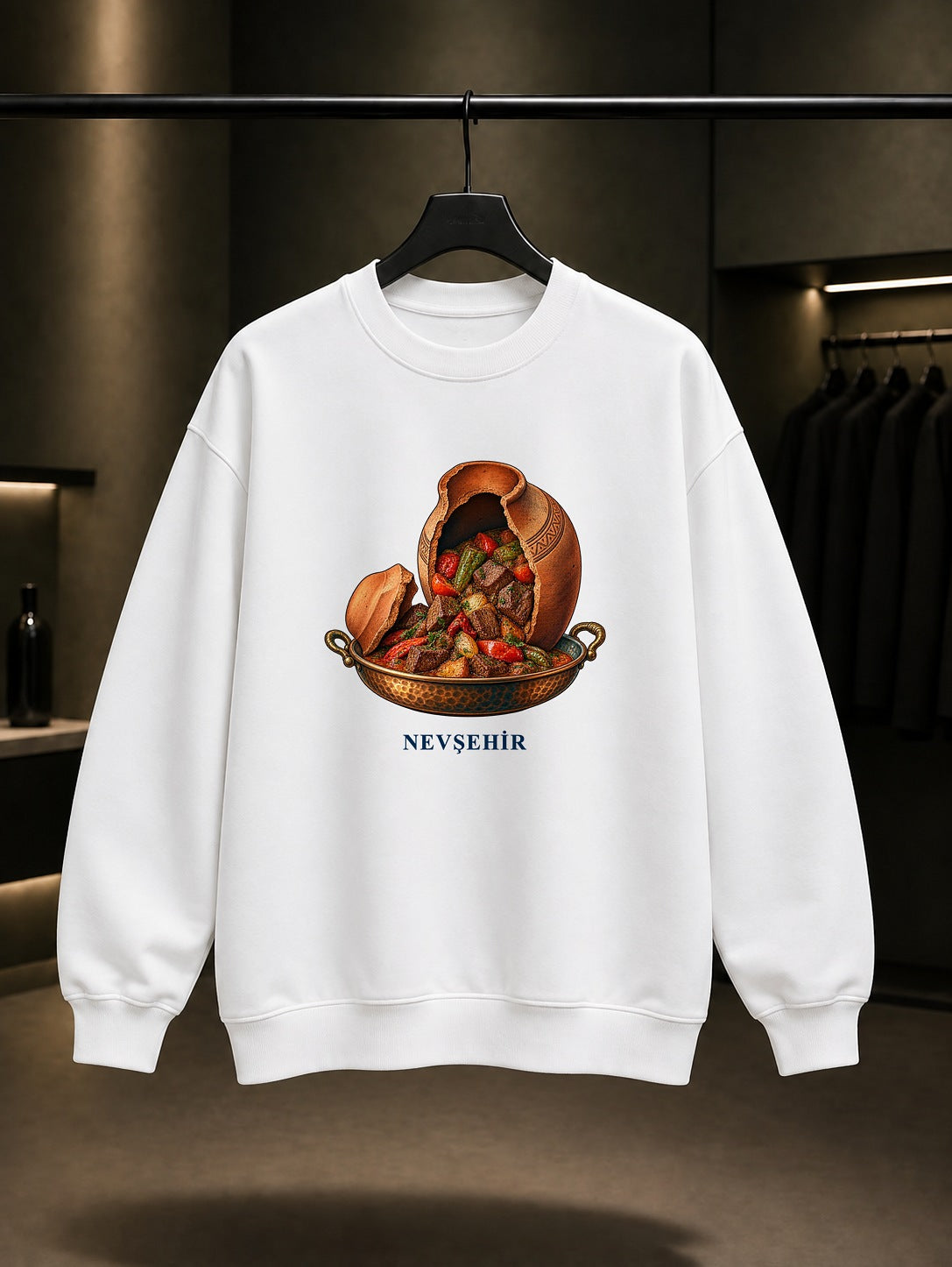 Nevşehir Testi Kebabı baskılı beyaz sweatshirt
