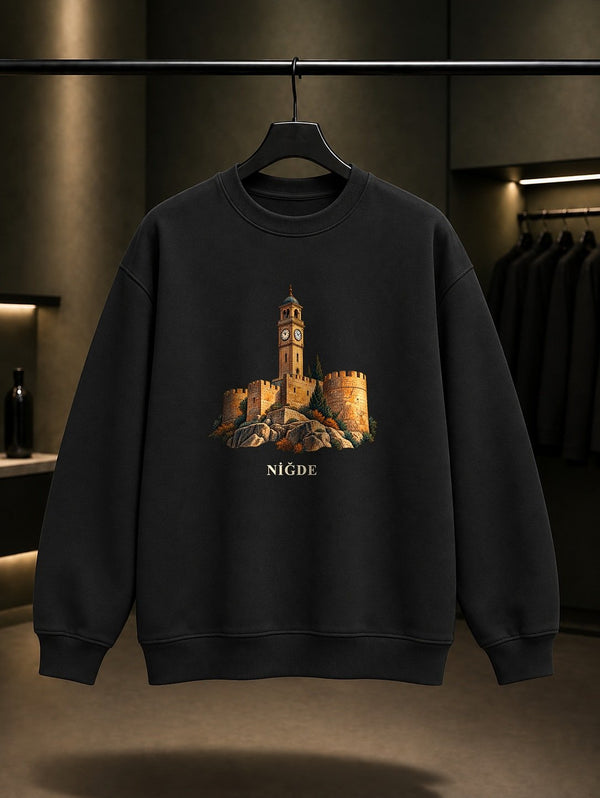 Niğde Kale Saat Kulesi baskılı siyah sweatshirt
