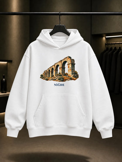 Niğde Tyana Su Kemerleri baskılı beyaz kapüşonlu sweatshirt