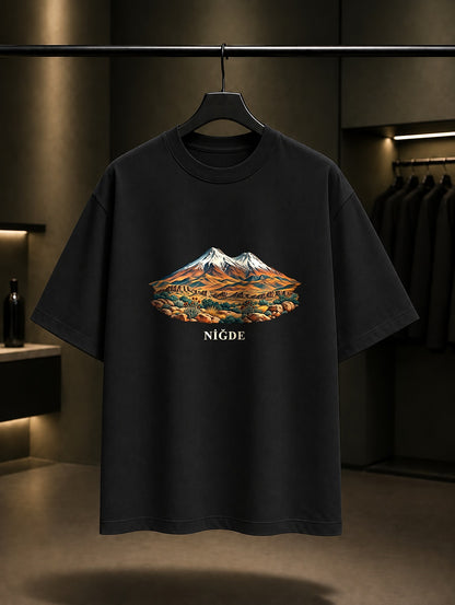 Niğde Hasan Dağı baskılı siyah t-shirt