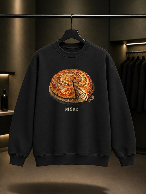 Niğde Tahinli Çörek baskılı siyah sweatshirt