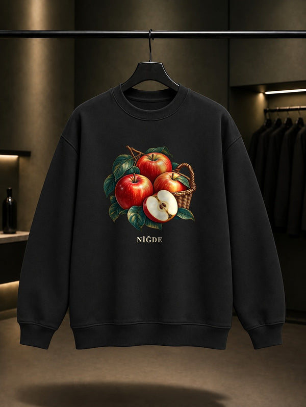 Niğde Elması baskılı siyah sweatshirt