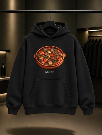 Niğde Tava baskılı siyah kapüşonlu sweatshirt