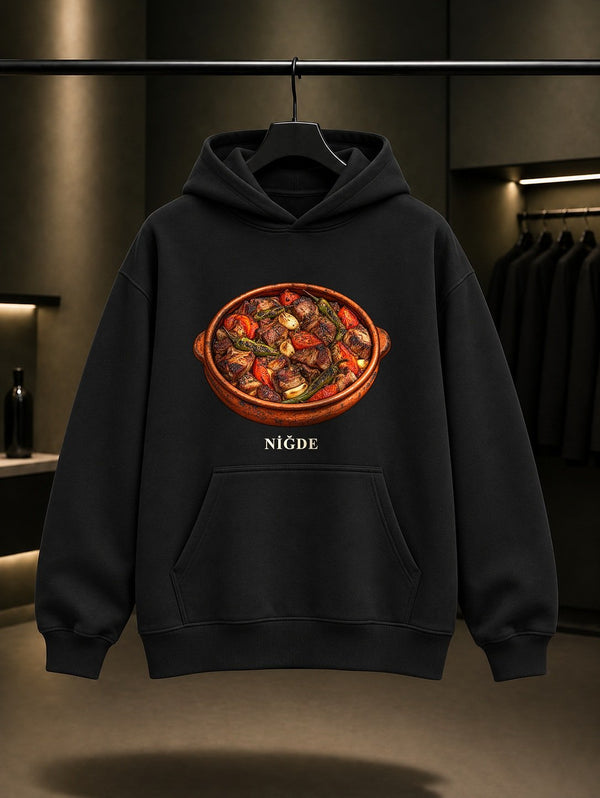 Niğde Tava baskılı siyah kapüşonlu sweatshirt