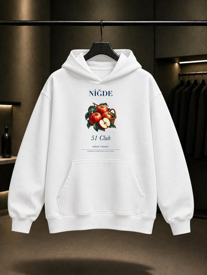 Niğde Elması 51 Club baskılı beyaz kapüşonlu sweatshirt