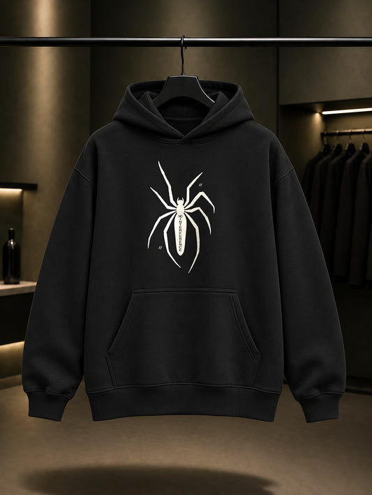 No Interference Mürekkep Örümcek baskılı siyah kapüşonlu sweatshirt