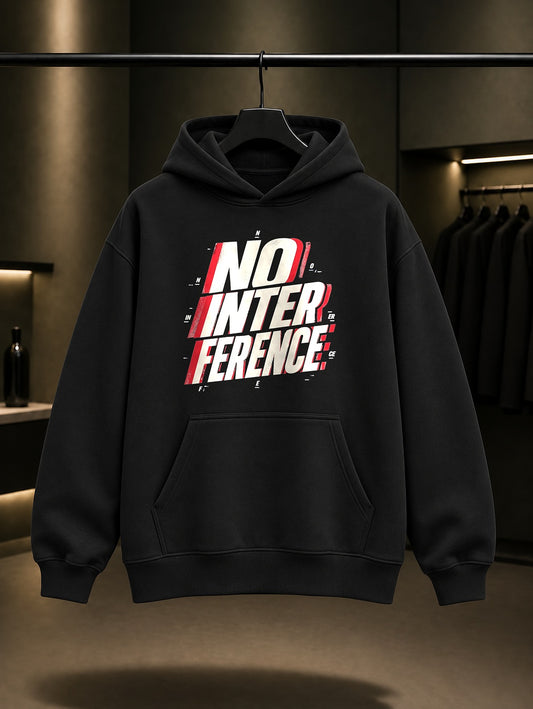 No Interference Yazılı baskılı siyah kapüşonlu sweatshirt