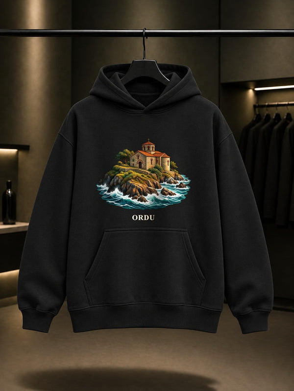 Ordu Yason Burnu baskılı siyah kapüşonlu sweatshirt