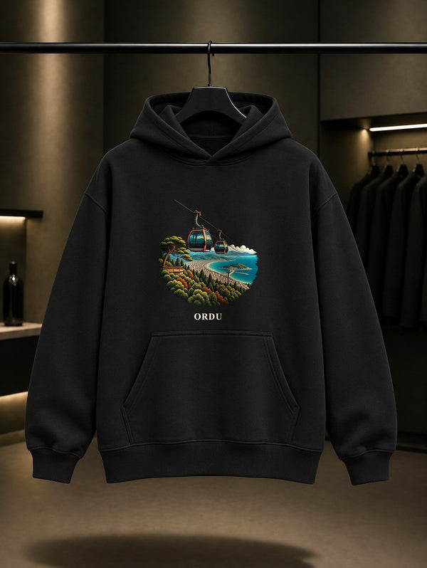 Ordu Boztepe Teleferik baskılı siyah kapüşonlu sweatshirt