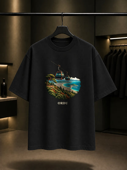 Ordu Boztepe Teleferik baskılı siyah t-shirt