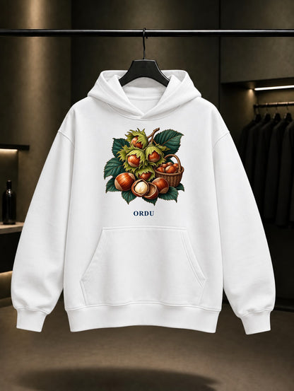 Ordu Fındığı baskılı beyaz kapüşonlu sweatshirt