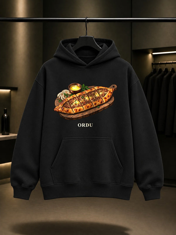 Ordu Pidesi baskılı siyah kapüşonlu sweatshirt