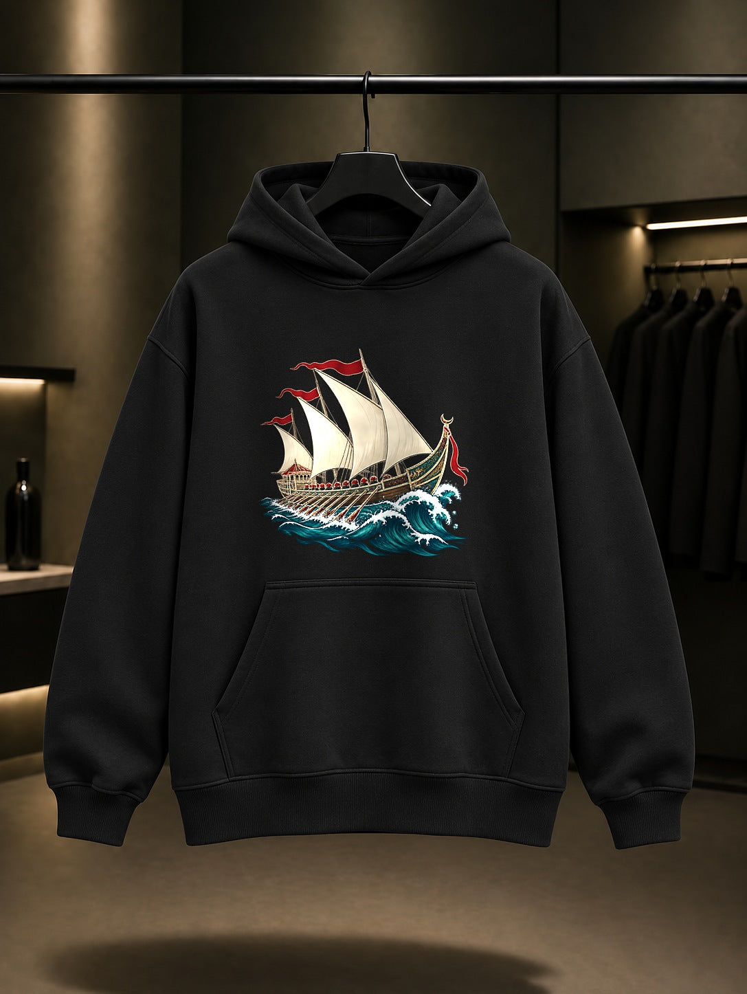 Kadırga Baskılı Unisex %100 Pamuk Kapüşonlu Sweatshirt · Osmanlı Motifi