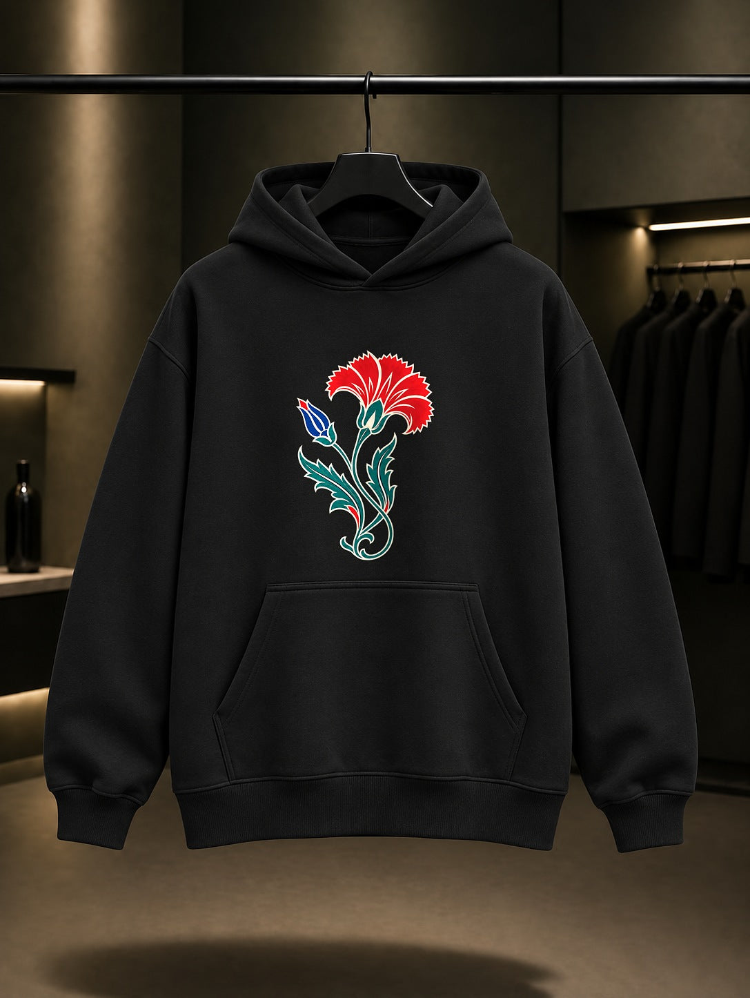 Mini Karanfil Baskılı Unisex %100 Pamuk Kapüşonlu Sweatshirt · Osmanlı Motifi