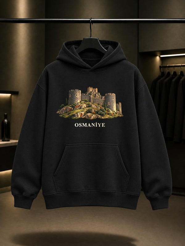 Osmaniye Toprakkale baskılı siyah kapüşonlu sweatshirt