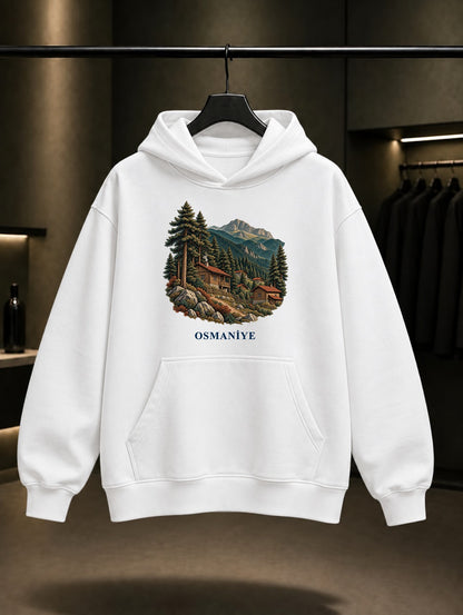 Osmaniye Zorkun Yaylası baskılı beyaz kapüşonlu sweatshirt