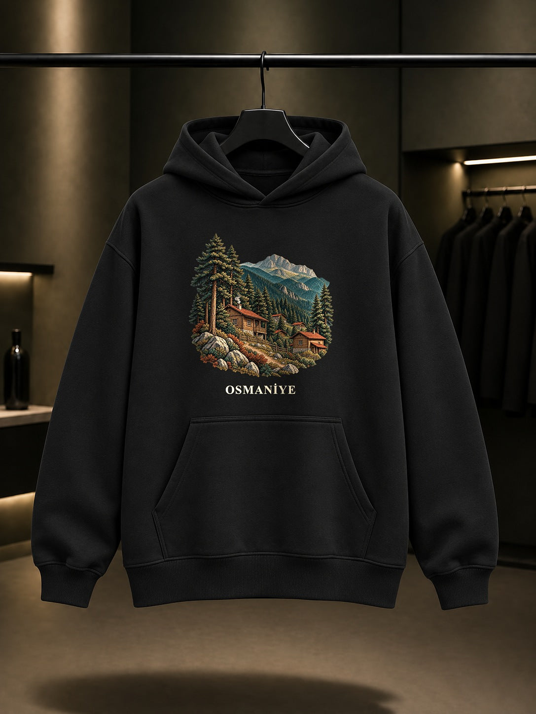 Osmaniye Zorkun Yaylası baskılı siyah kapüşonlu sweatshirt