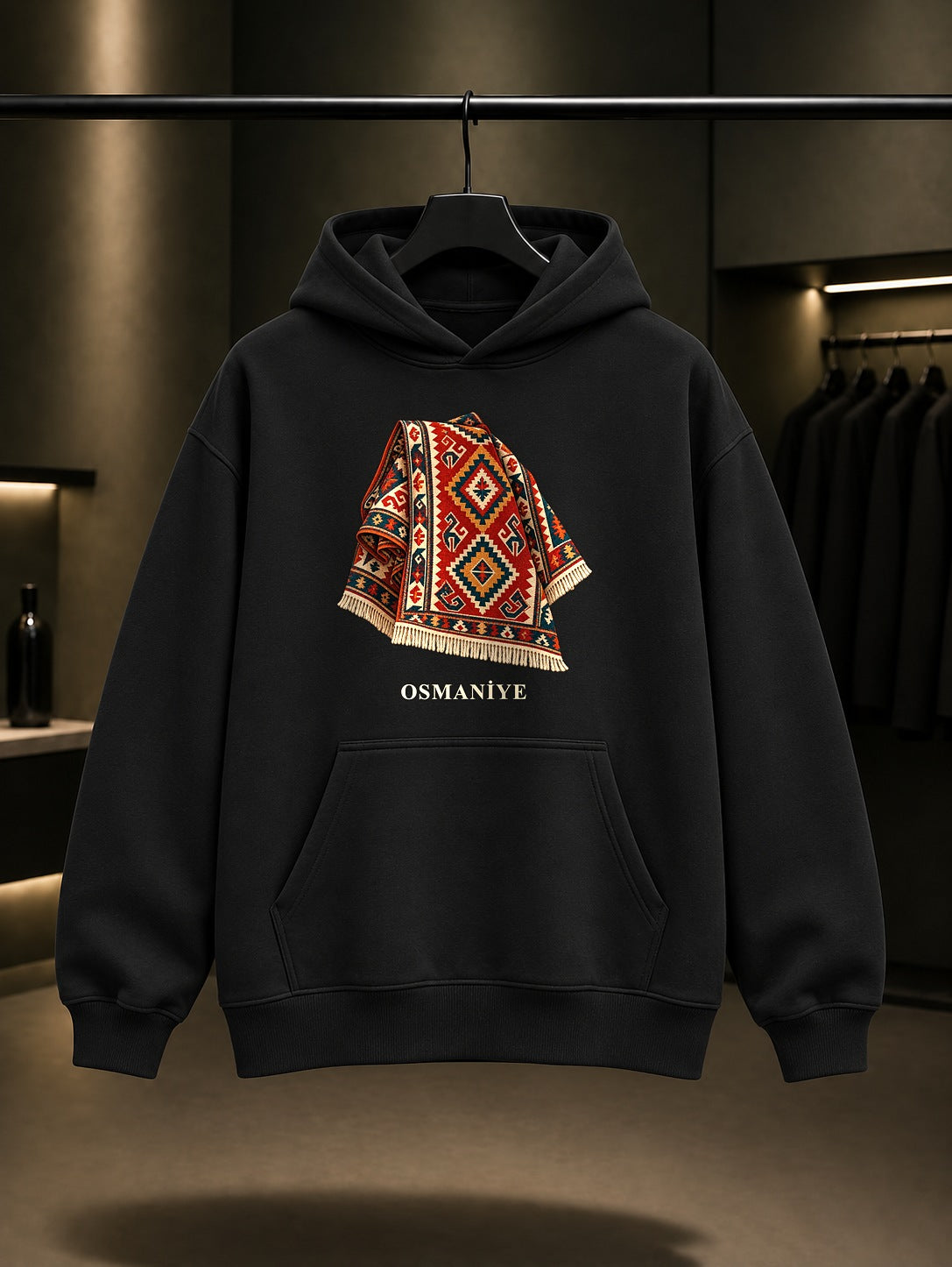 Osmaniye Karatepe Kilimi baskılı siyah kapüşonlu sweatshirt