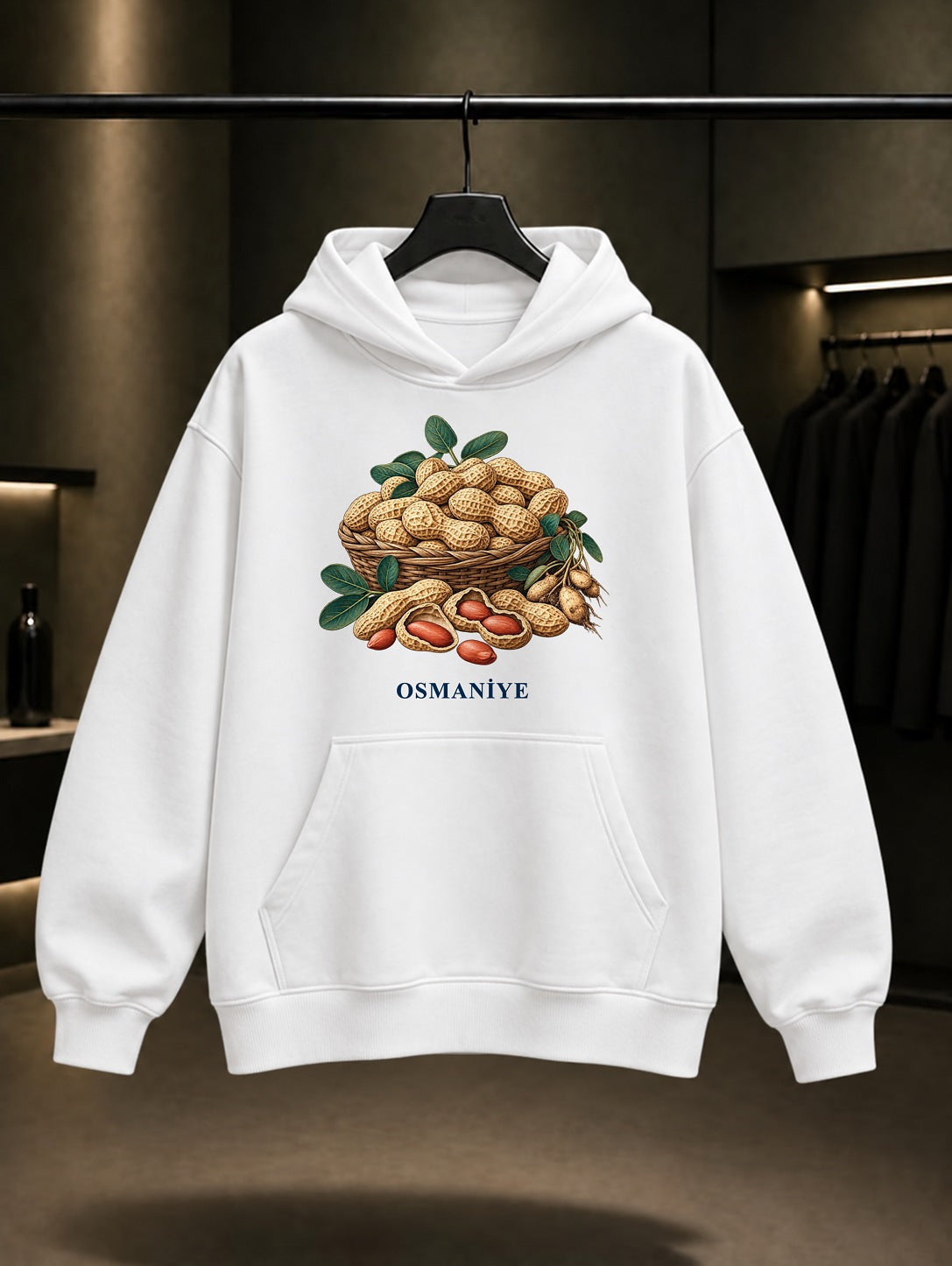 Osmaniye Yer Fıstığı baskılı beyaz kapüşonlu sweatshirt