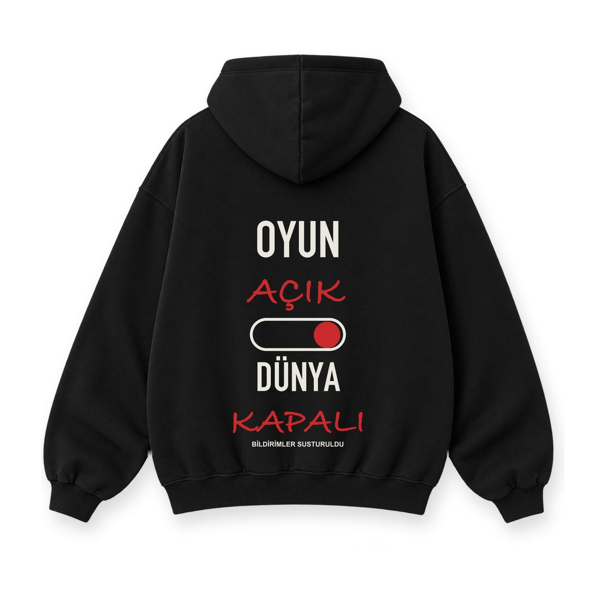 Oyun Açık Dünya Kapalı baskılı siyah kapüşonlu sweatshirt