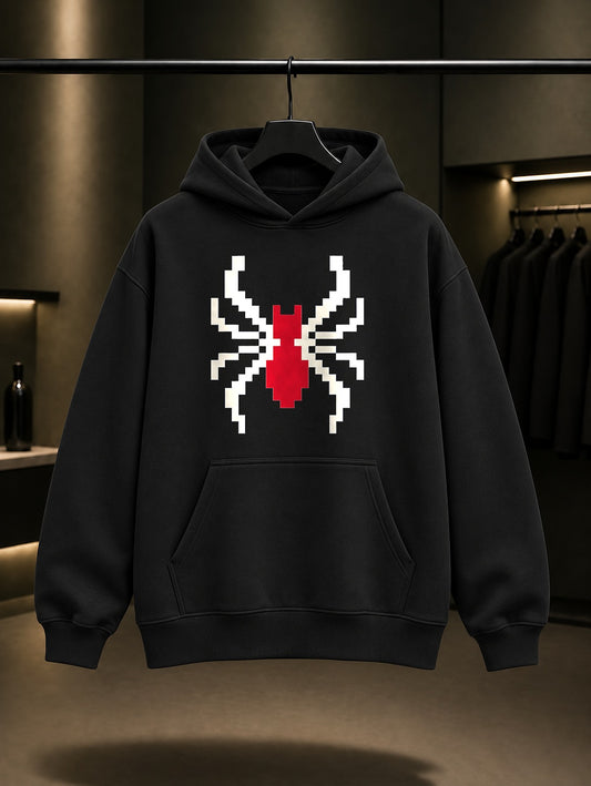 Piksel Örümcek baskılı siyah kapüşonlu sweatshirt