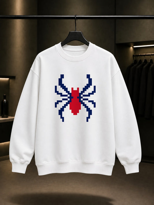 Piksel Örümcek baskılı beyaz sweatshirt