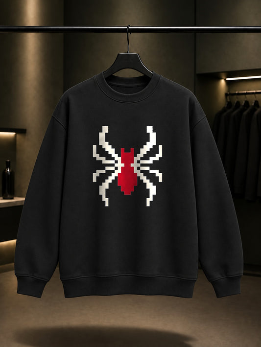 Piksel Örümcek baskılı siyah sweatshirt