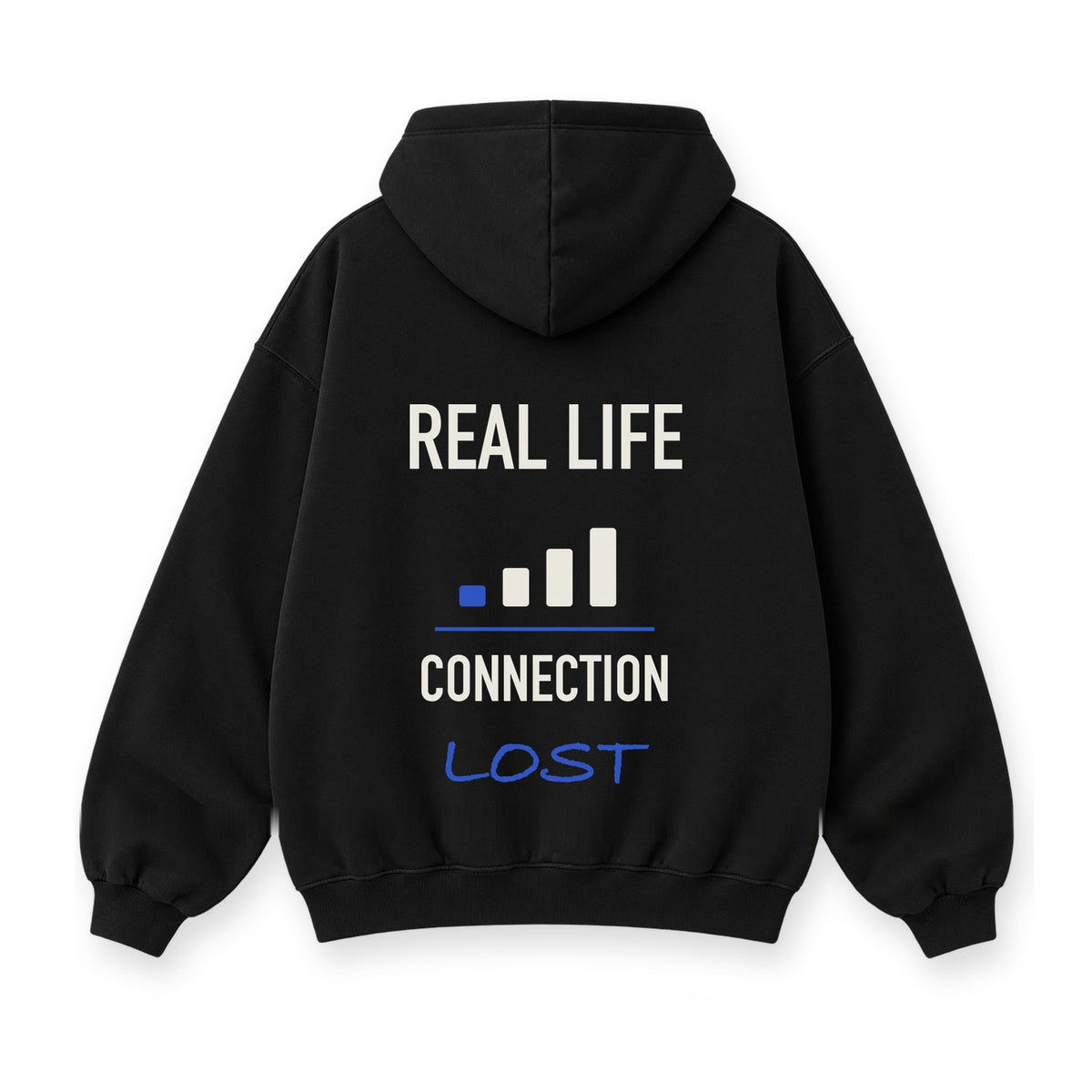 Real Life Connection Lost baskılı siyah kapüşonlu sweatshirt