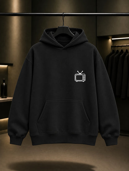 Televizyon Minimal Baskılı Unisex %100 Pamuk Kapüşonlu Sweatshirt — Siyah
