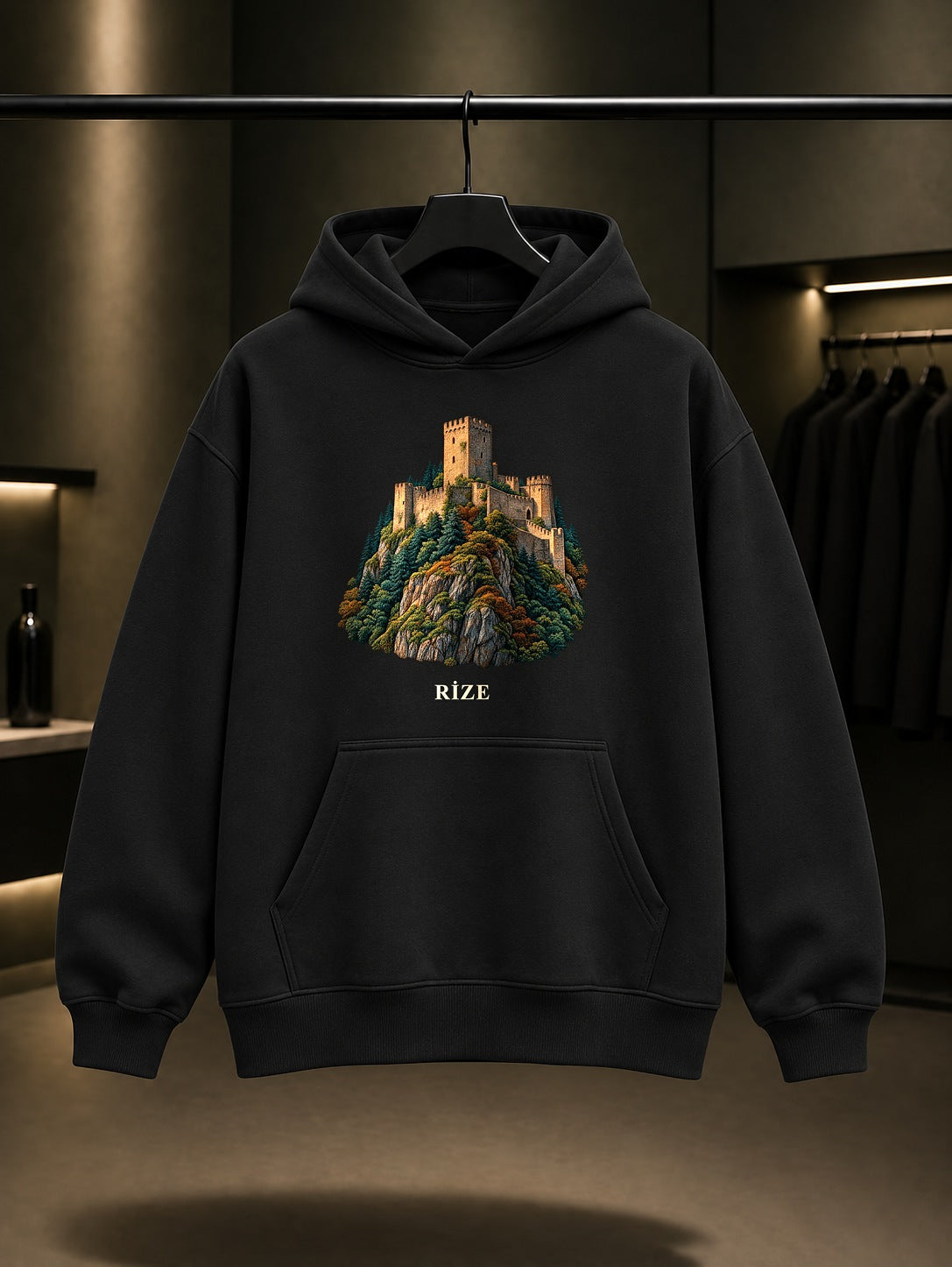 Rize Zil Kale baskılı siyah kapüşonlu sweatshirt
