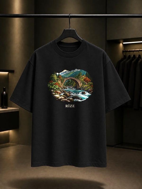 Rize Fırtına Köprüsü baskılı siyah t-shirt