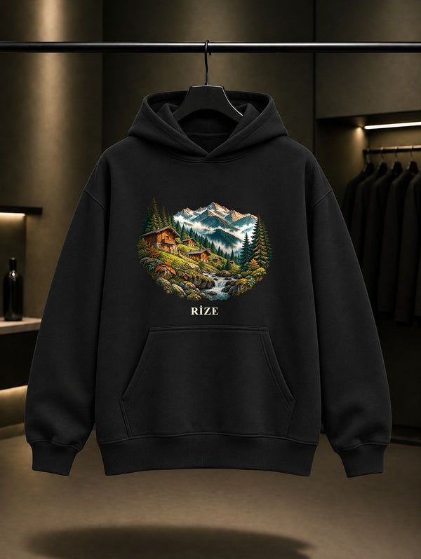 Rize Ayder Yaylası baskılı siyah kapüşonlu sweatshirt