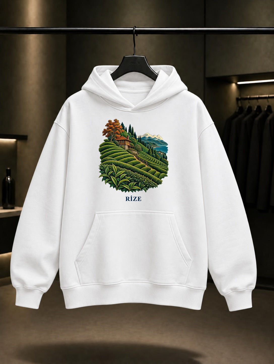 Rize Çay Bahçeleri baskılı beyaz kapüşonlu sweatshirt