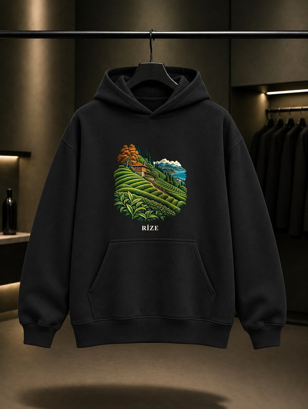 Rize Çay Bahçeleri baskılı siyah kapüşonlu sweatshirt