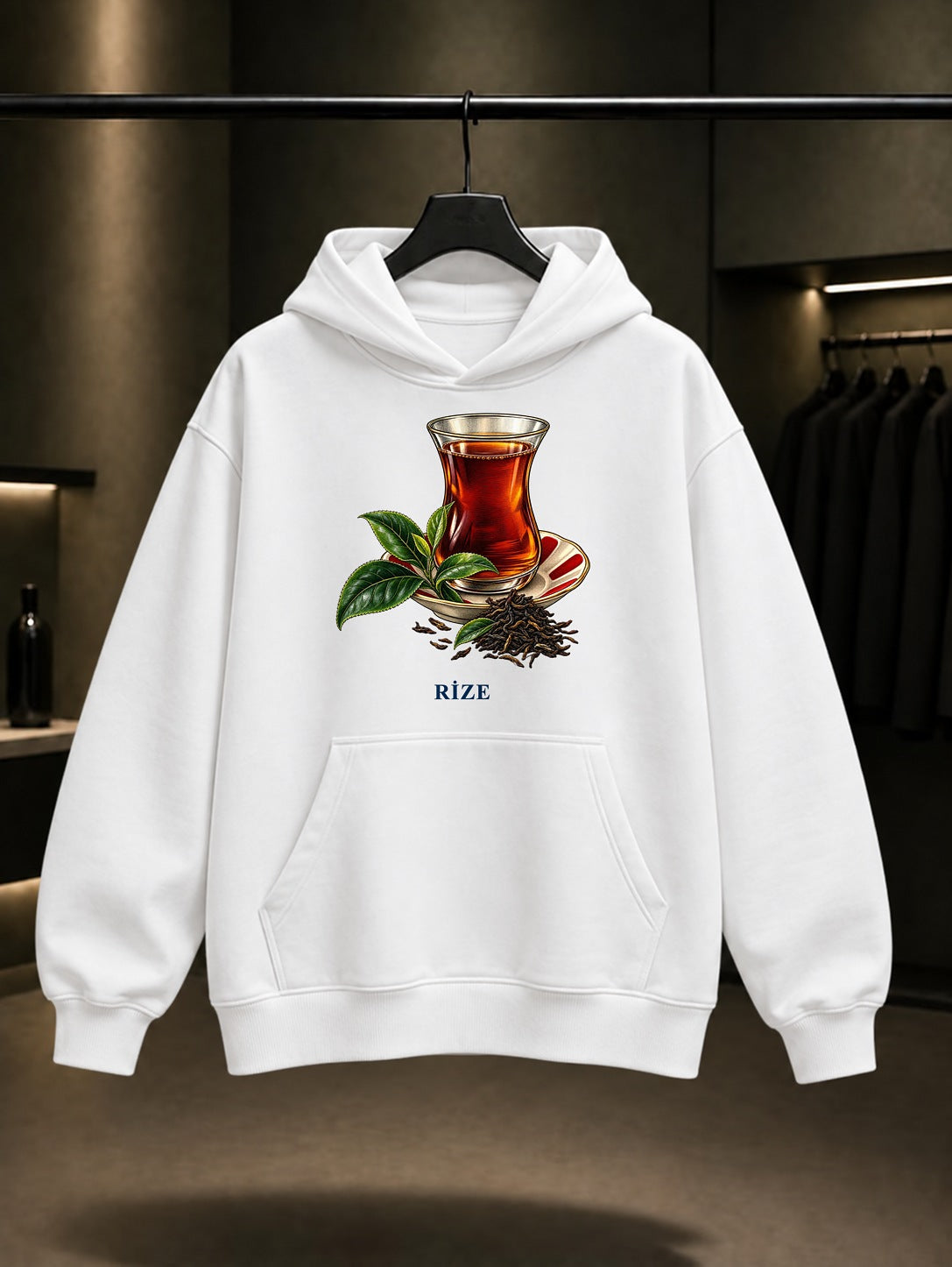 Rize Çayı baskılı beyaz kapüşonlu sweatshirt