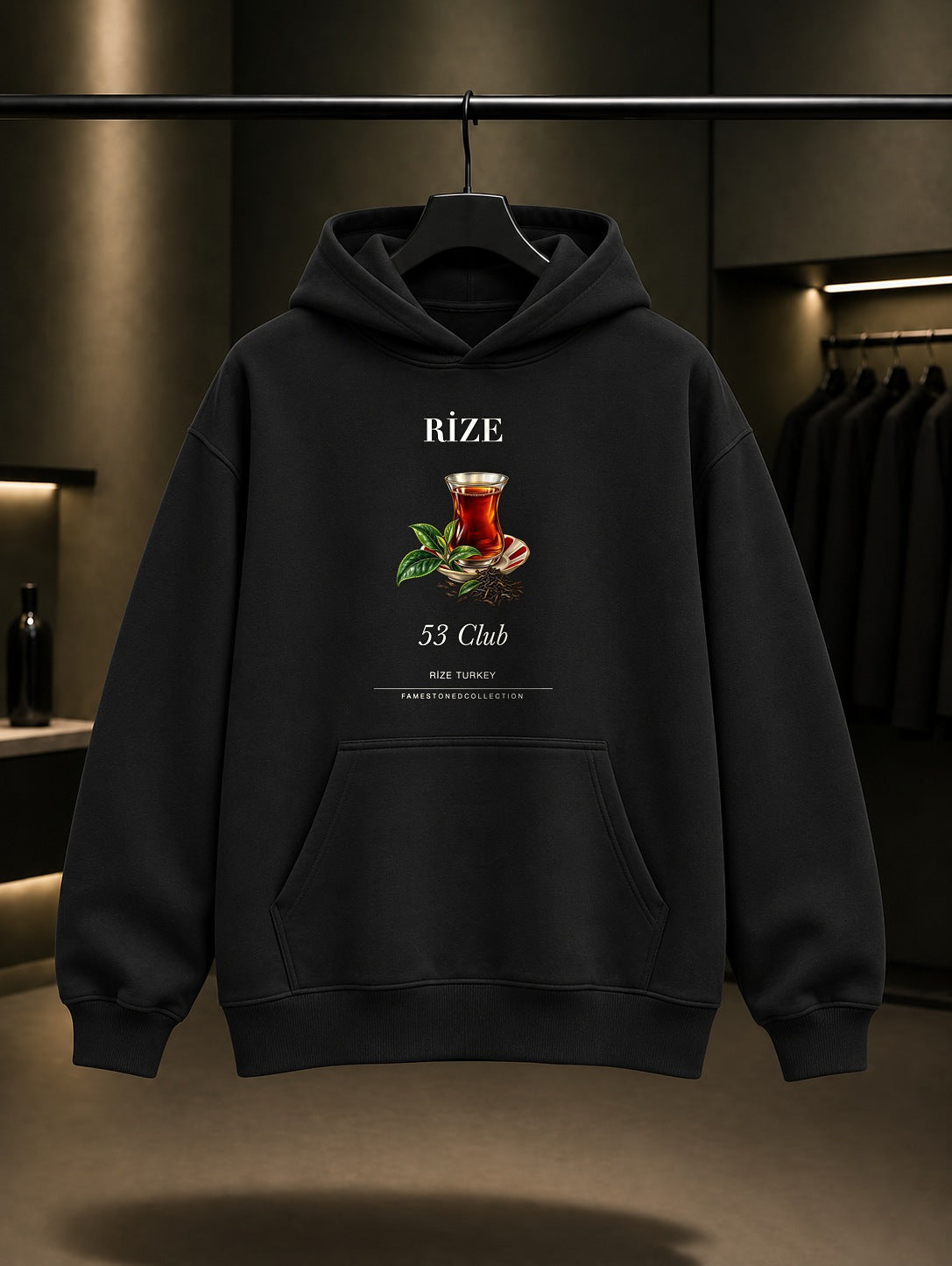 Rize Çayı 53 Club baskılı siyah kapüşonlu sweatshirt