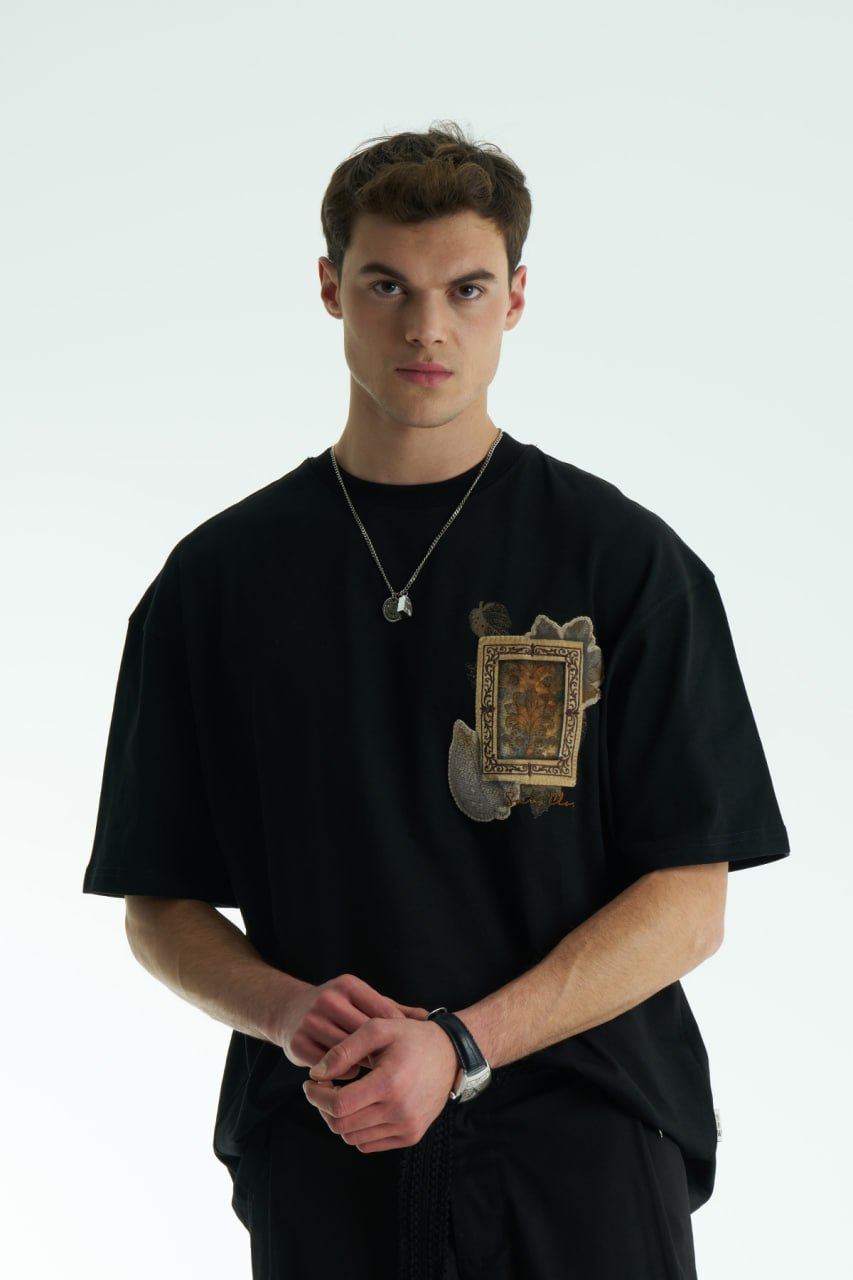 Osmanlı Motifli Sol Logo - Sırt Baskılı, Nakışlı Unisex %100 Pamuk Oversize T-shirt