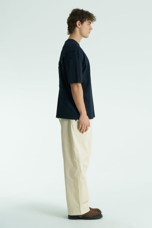 Dokulu Detaylı Lacivert Unisex %100 Pamuk Oversize T-shirt