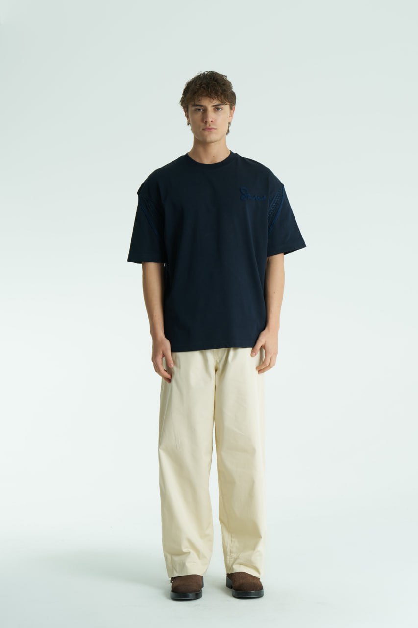 Dokulu Detaylı Lacivert Unisex %100 Pamuk Oversize T-shirt
